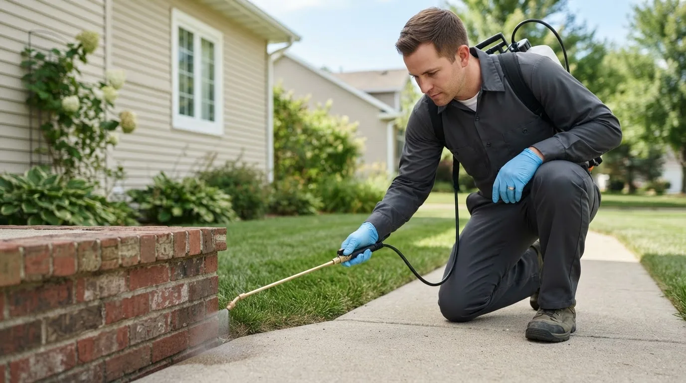Pest control technician treating a home near Clear, AK