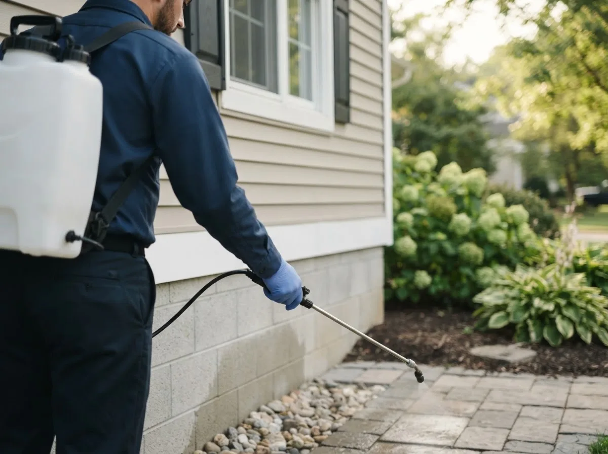 Pest control technician inspecting a home in Clear, AK